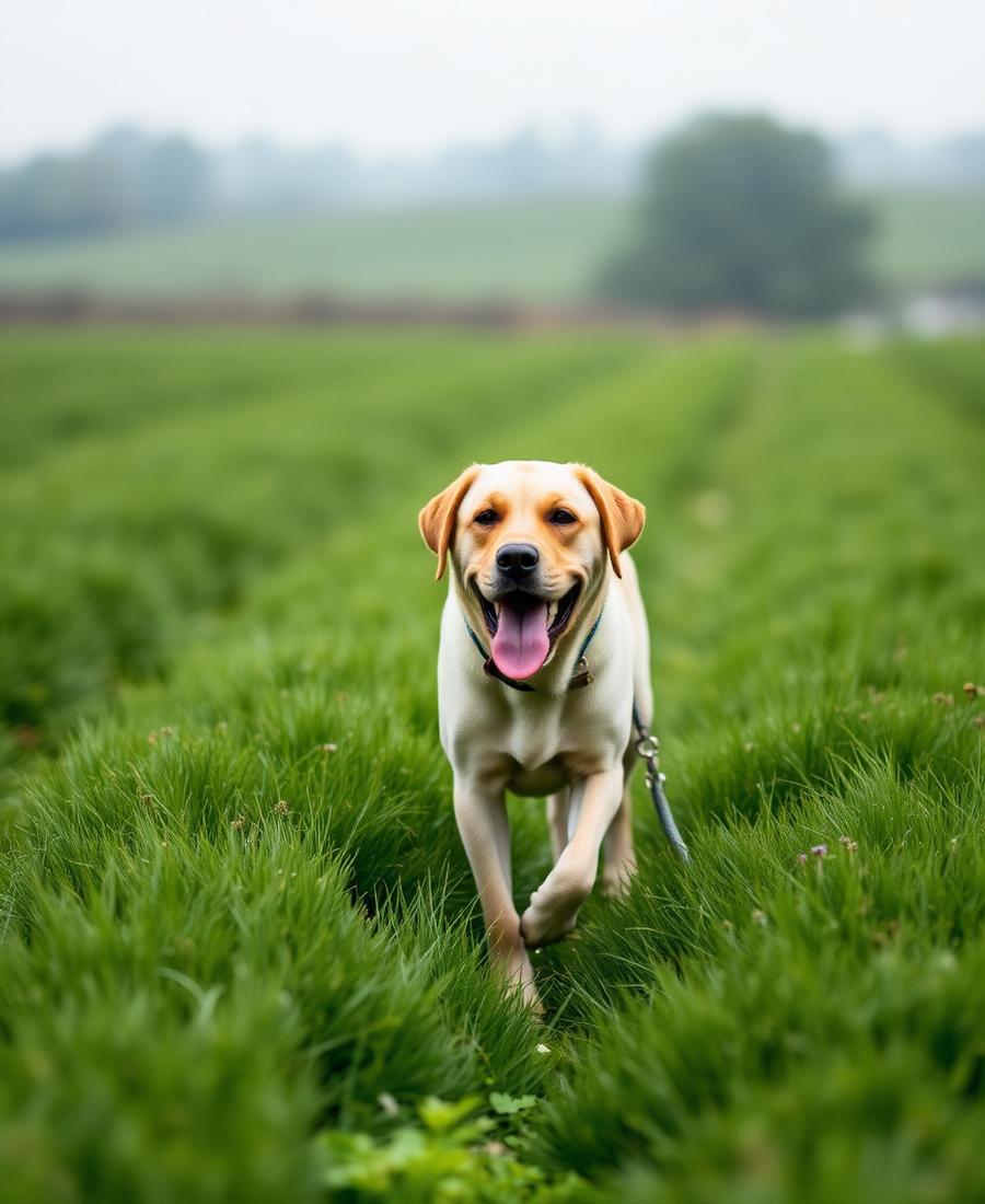 A healthy labrador walking through a green British field